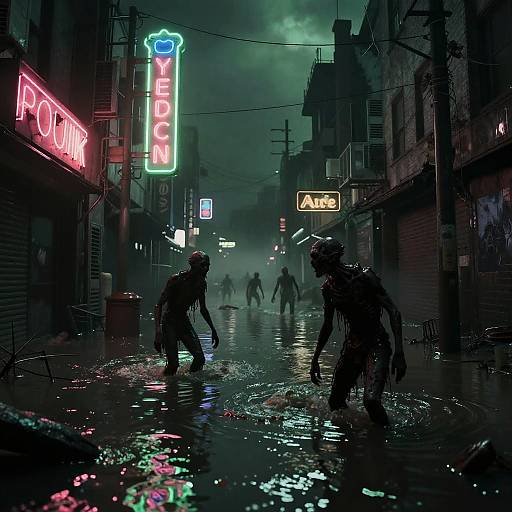 Cyberpunk night scene: Neon-lit alley flooded, silhouetted, hooded figures wading, glowing signs, misty atmosphere,