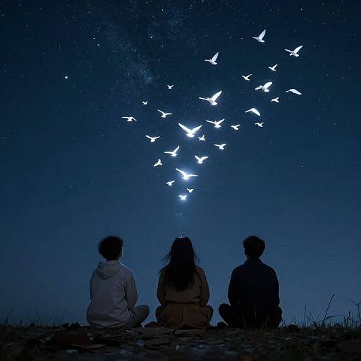 Photograph: Silhouetted trio sits on grass, watching a starry night sky with glowing birds flying towards a bright moon.