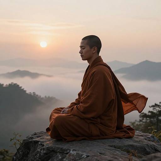 Photograph of a serene young male Buddhist monk in brown robes sitting in meditation on a rocky ledge at sunrise, with misty mountains and a soft,