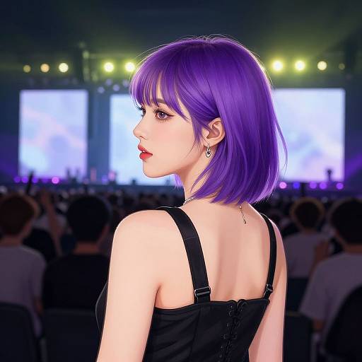 Digital anime-style portrait of a purple-haired woman with fair skin, wearing a black sleeveless top, looking back over her shoulder at a brightly lit,