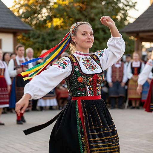 Photograph of a blonde woman in traditional Eastern European folk dress, raising her arm, with colorful ribbons in her hair, outdoors. Background shows blurred