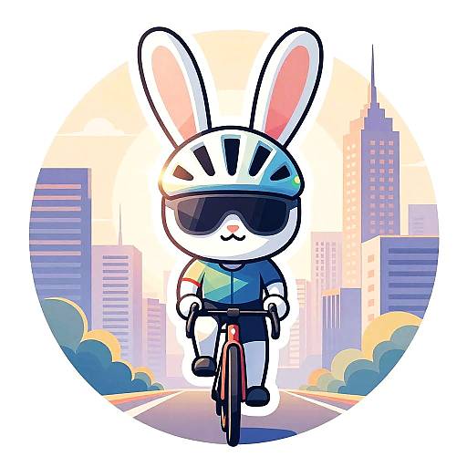 Cyclist Rabbit Mascot in Urban Sunrise