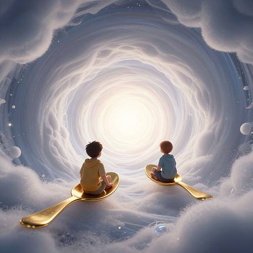 Digital art of two children with golden sleds, sitting back-to-back, staring into a bright, swirling white vortex surrounded by blue clouds and stars.