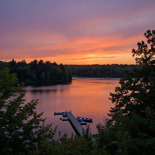 Photograph of a serene lake at sunset, with a wooden dock and two small boats, surrounded by dark green trees, and a sky painted in vibrant