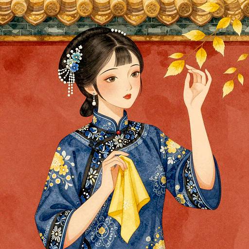 East Asian Woman in Traditional Qipao with Yellow Cloth