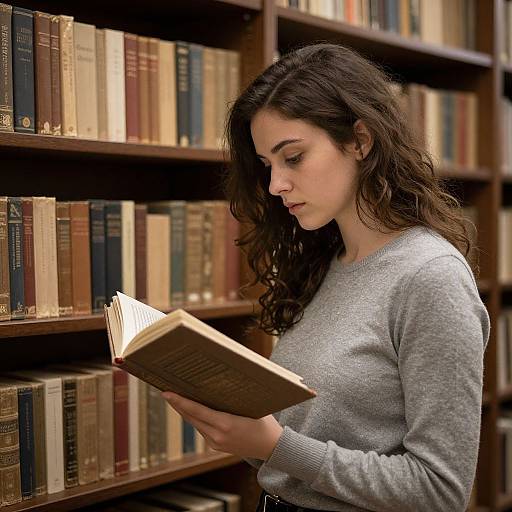 Photograph of a young woman with long, curly brown hair, wearing a gray sweater, reading a book in a library with wooden shelves filled with various