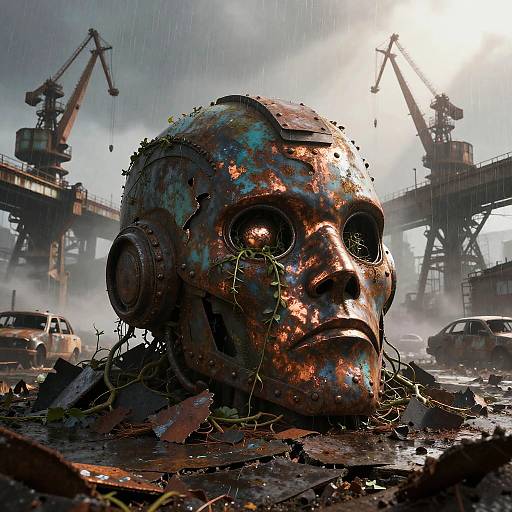 Rusting Giant Mech Head in Post-Apocalyptic Harbor