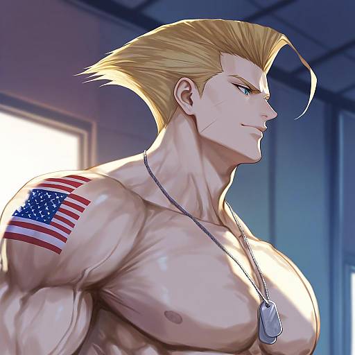 Illustration of Guile, street fighter in the style of Yepnean