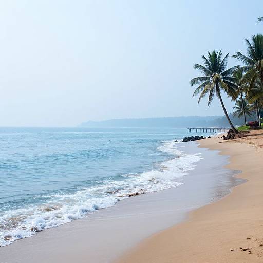 Photograph of a serene beach with golden sand, gentle waves, palm trees on the right, and a distant pier under a clear blue sky.
