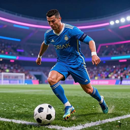 Photograph of a male soccer player in a blue AS Monaco jersey, mid-action, dribbling a black-and-white ball on a brightly lit stadium field