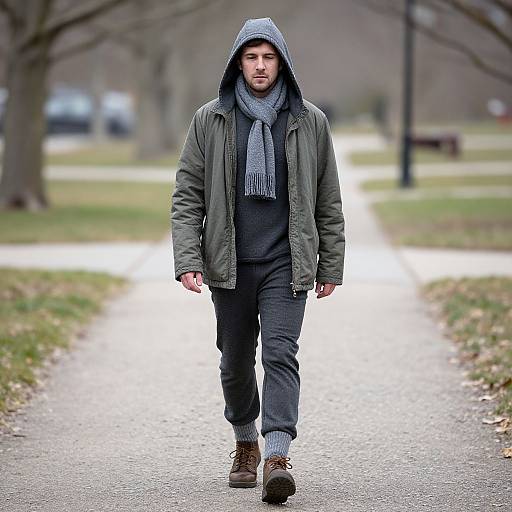 Photograph of a bearded man with light skin, wearing a green jacket, gray hoodie, scarf, dark pants, and brown boots, walking on