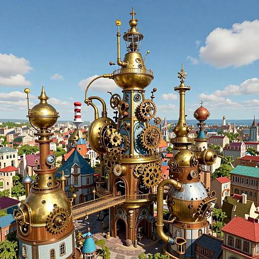 Steampunk cityscape: A towering, golden, clockwork structure with gears, domes, and bridges rises above colorful, quaint buildings under a