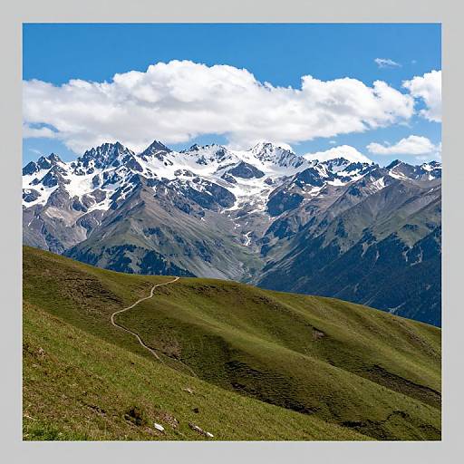 Photograph of a vibrant mountain landscape with snow-capped peaks under a bright blue sky, green rolling hills in the foreground, and a winding trail.