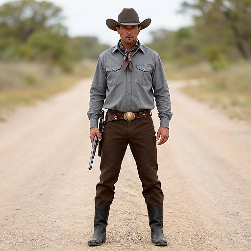 Cowboy Standing on Dirt Road