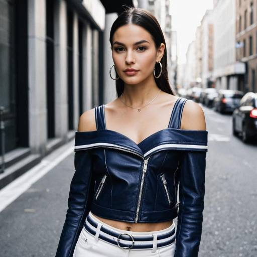 Chic woman in navy blue leather jacket on urban street