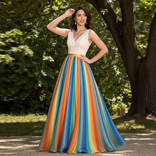 Photograph of a woman with dark hair in a white lace sleeveless top and a rainbow-colored, floor-length, high-waisted skirt, standing