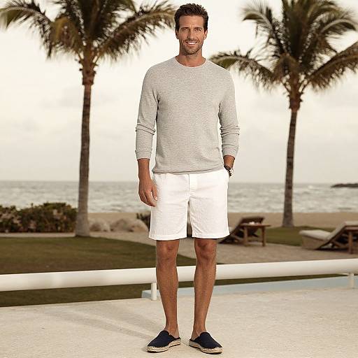 Photograph of a smiling, fit, dark-haired man in a light gray long-sleeve shirt, white shorts, and navy slip-on shoes,