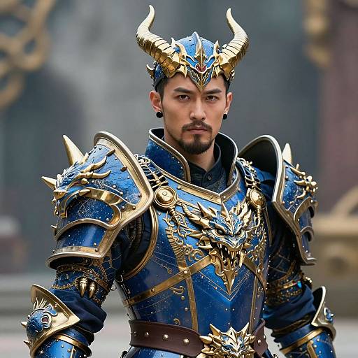 Photograph of a muscular man with dark hair and beard, wearing blue and gold ornate dragon-themed medieval armor, standing confidently outdoors.