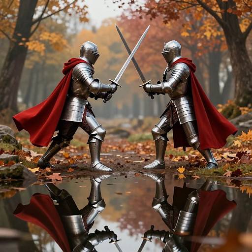 Photograph of two armored knights in silver armor with red capes dueling with swords in a forest clearing with autumn leaves, reflected in a puddle