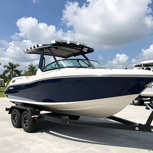 Photograph of a sleek, white and navy blue speedboat with a black canopy, mounted on a trailer, under a bright, cloudy sky.