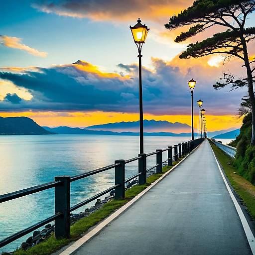 Sunset Coastal Road with Lampposts