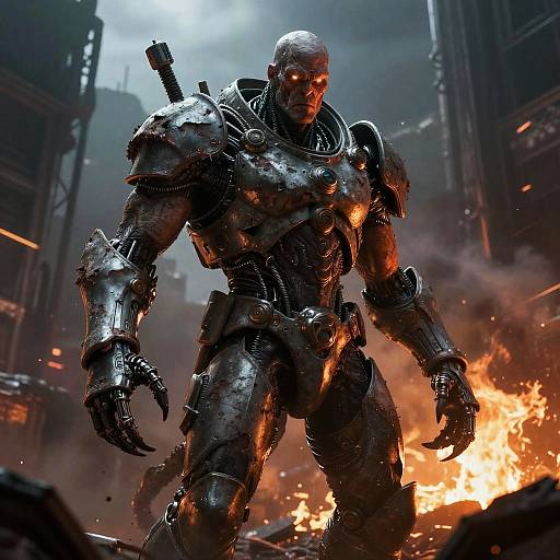 Cybernetic Bald Monster in Ruined City