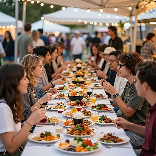 Photograph of diverse group of young adults dining outdoors at a long table, illuminated by string lights, enjoying a buffet-style meal with colorful dishes.