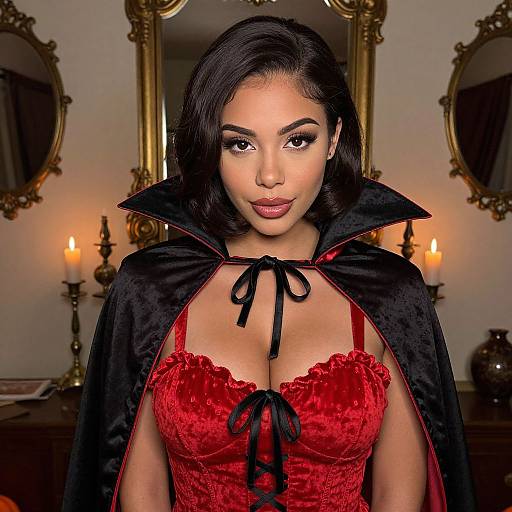 Photograph of a beautiful, dark-haired woman in a red lace corset and black cape, with dramatic makeup, standing in a dimly lit,