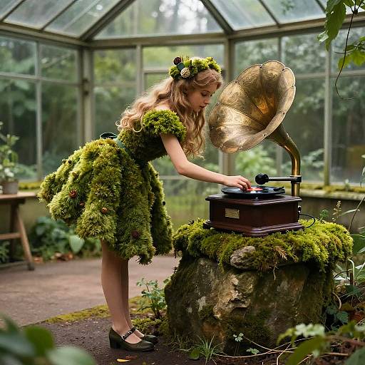 Photograph of a blonde woman in a moss-covered, vintage dress, wearing a floral crown, playing a gramophone on a mossy pedestal in a