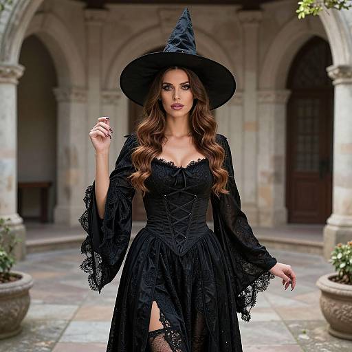 Mary Witch Costume in Courtyard