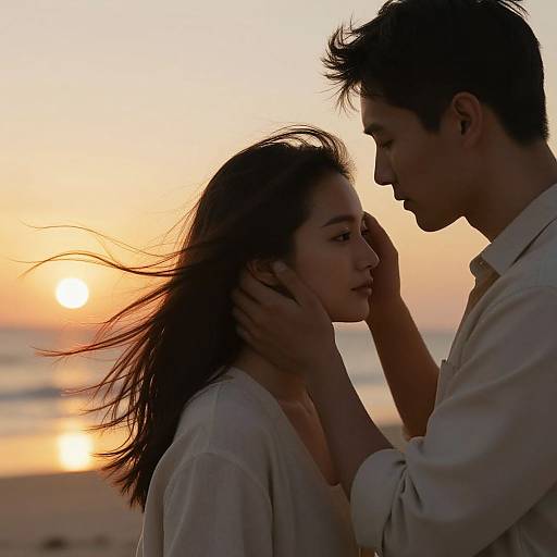 Photograph of a couple at sunset, man gently touching woman's face, both in white shirts, sun setting over ocean in background.