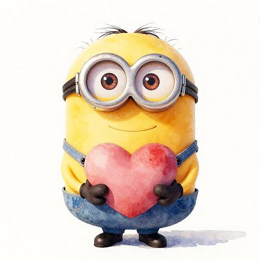 Digital illustration of Minion-style yellow Minion with large goggles, blue overalls, holding a pink heart, smiling, standing against a white background.
