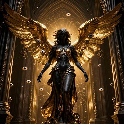 Digital art of a golden-winged, dark-skinned, topless angel with eyes floating around, standing in a gothic cathedral, radiating light