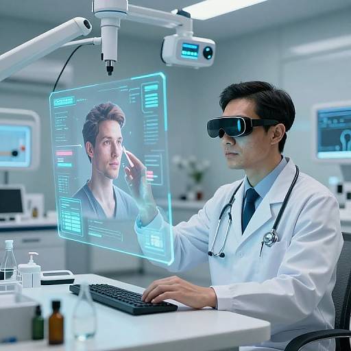 Modern medical lab: male doctor in white coat and VR headset, interacting with holographic image of patient on futuristic screen.