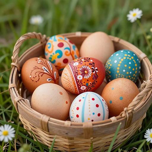 Photograph of a wicker basket filled with colorful, patterned Easter eggs, placed on grass with daisies in the background.