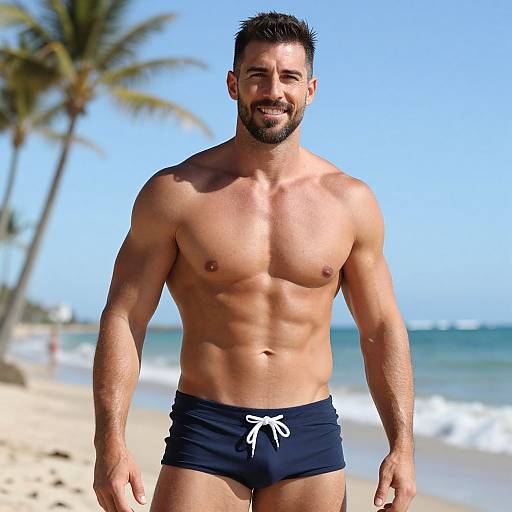 Confident Muscular Man on Sunny Beach