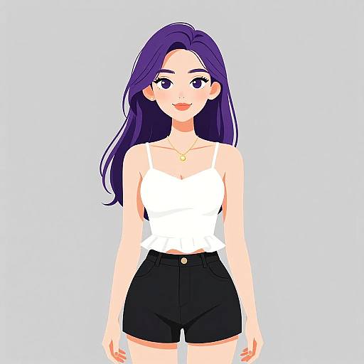 Digital anime-style drawing of a cute young woman with long purple hair, wearing a white tank top and black shorts, against a light blue background.