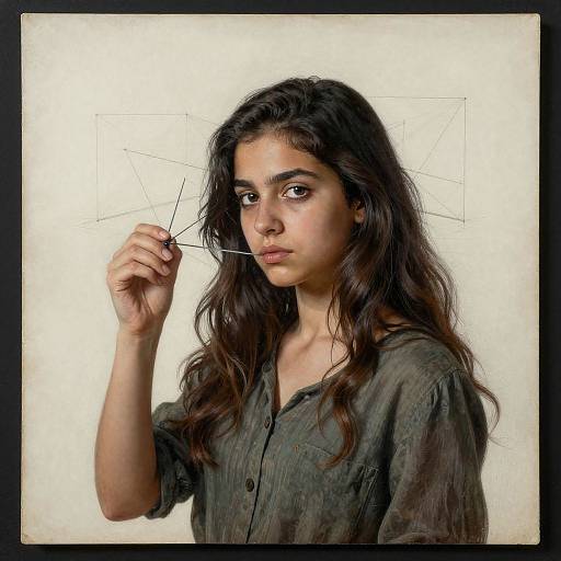 Photograph of a young woman with long, wavy dark hair, wearing a loose, gray button-up shirt, holding a small wireframe against a