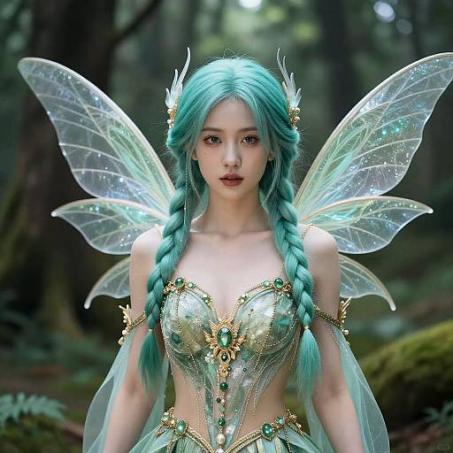 Photorealistic digital artwork of a fair-skinned fairy with turquoise braided hair, translucent wings, and a gold-embellished, leafy