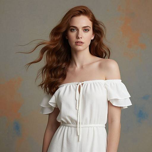 Photograph of a fair-skinned woman with long, wavy auburn hair, wearing an off-shoulder white dress, against a textured