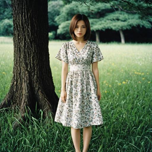Woman in Floral Dress Standing by Tree
