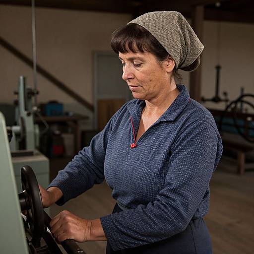 Photograph of middle-aged white woman with brown hair in gray headscarf, wearing blue textured sweater, operating sewing machine in dimly lit workshop.