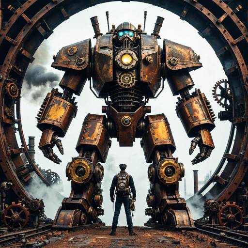 Steampunk Inventor Facing Giant Mechanical Battle Suit