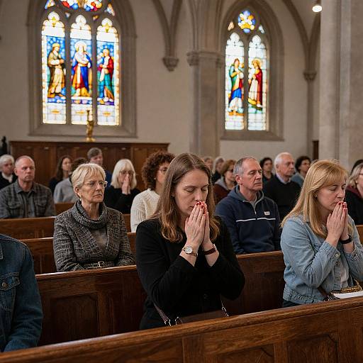 Photograph of a church service showing a diverse group of people, including three women in the foreground with hands clasped in prayer, surrounded by stained glass