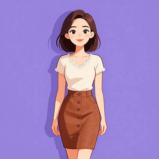 Digital anime-style drawing of a smiling young woman with short brown hair, wearing a white lace-trimmed top and brown buttoned skirt, against a