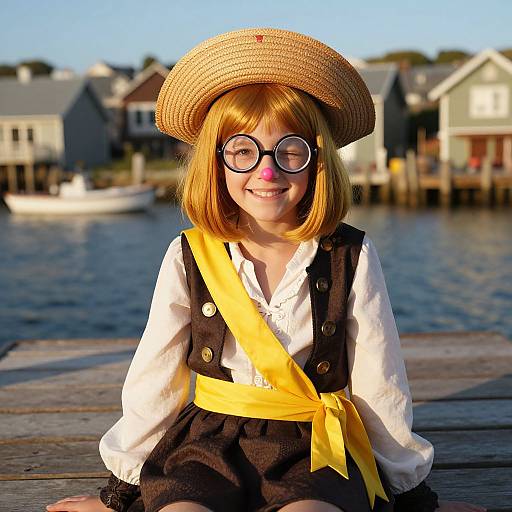 Photograph of a smiling young girl with red bob haircut, round glasses, straw hat, black pinafore, white shirt, and yellow sash