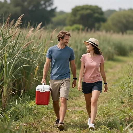 Couple Walking Through Sunny Marsh with Cooler