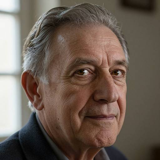 Close-up photograph of an elderly man with gray hair, wrinkled skin, and a slight smile, wearing a dark suit, against a softly lit background