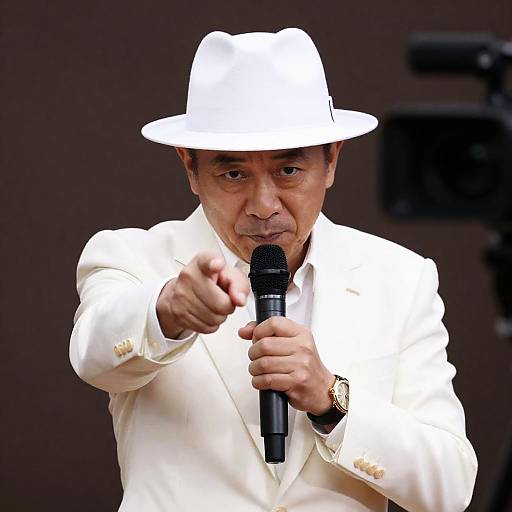 Intense Middle-Aged Man with Microphone