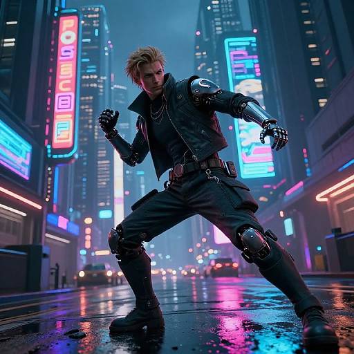 CGI cyberpunk scene: Blond-haired man in black armored vest and gloves, crouched in rain-soaked neon-lit city street, glowing